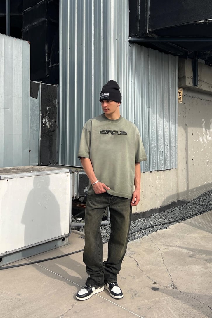 CRCA Nakışlı Washed Antrasit Oversize Tişört