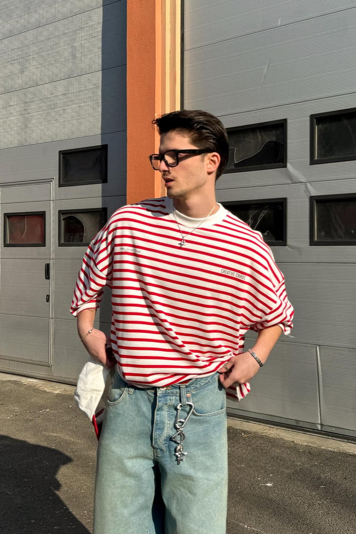 Creative Chaos Baskılı Çizgili  Oversize Tişört
