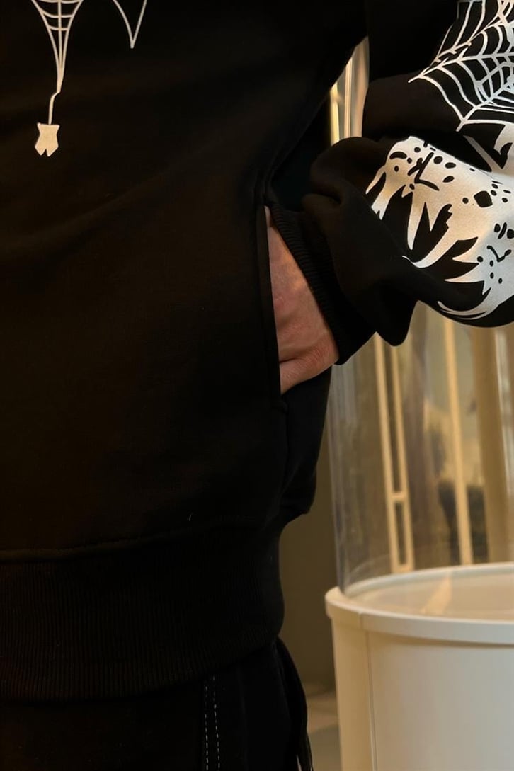 Crsis Spider Web Baskılı Zipper Siyah Oversize Hoodie