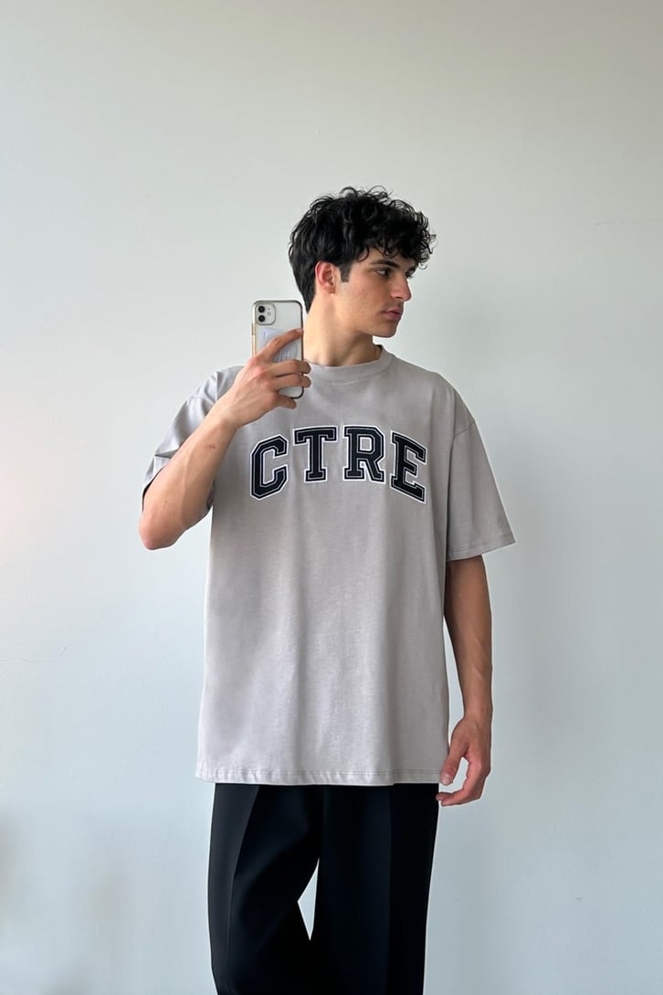 Ctre Nakışlı Taş Rengi Oversize Tişört