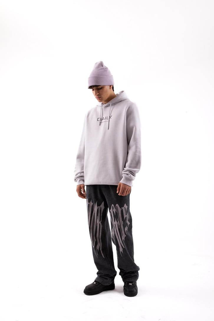 Daily Baskılı Gri Oversize Hoodie