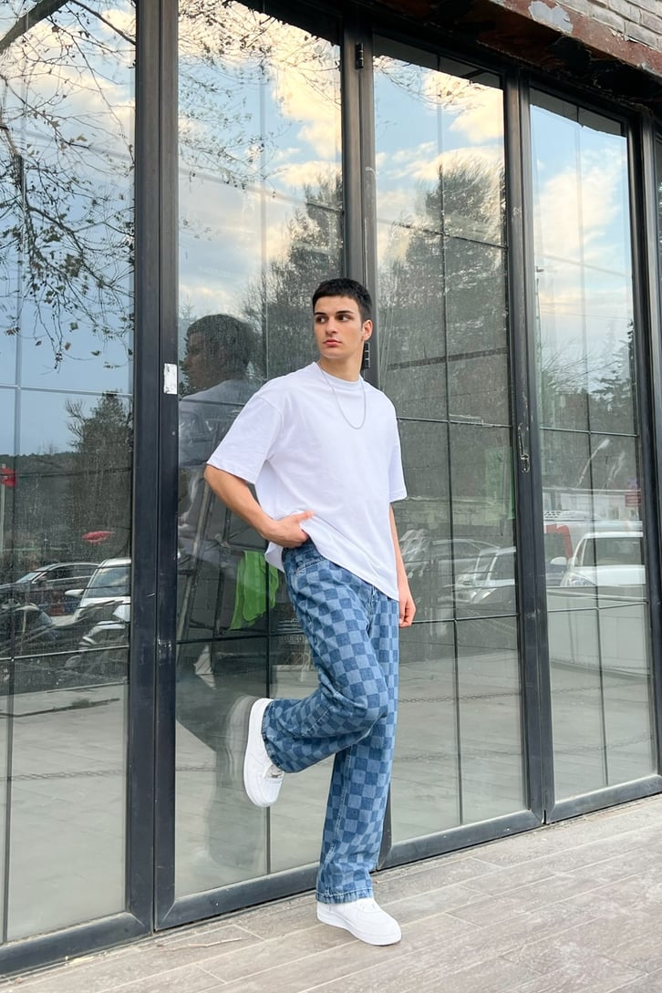 Dama Desenli Mavi Baggy Jean
