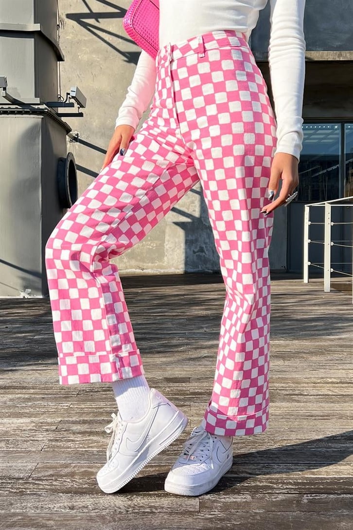 Dama Desenli Pembe Baggy Jean