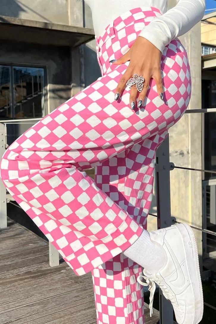 Dama Desenli Pembe Baggy Jean