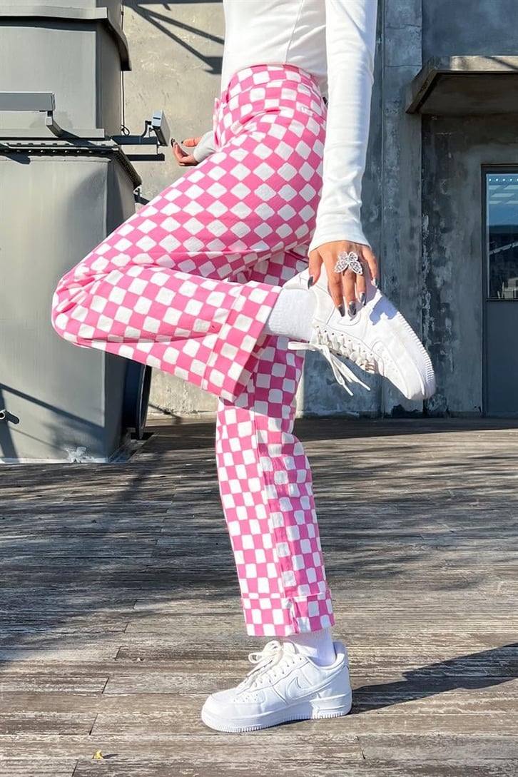 Dama Desenli Pembe Baggy Jean