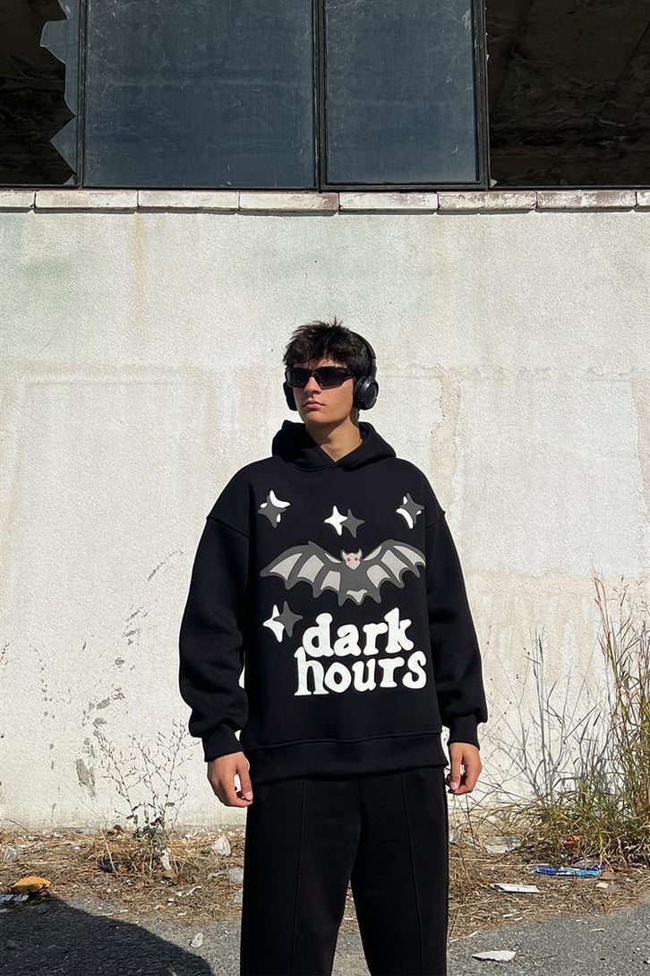 Dark Hours Baskılı Siyah İçi Pamuklu Oversize Hoodie