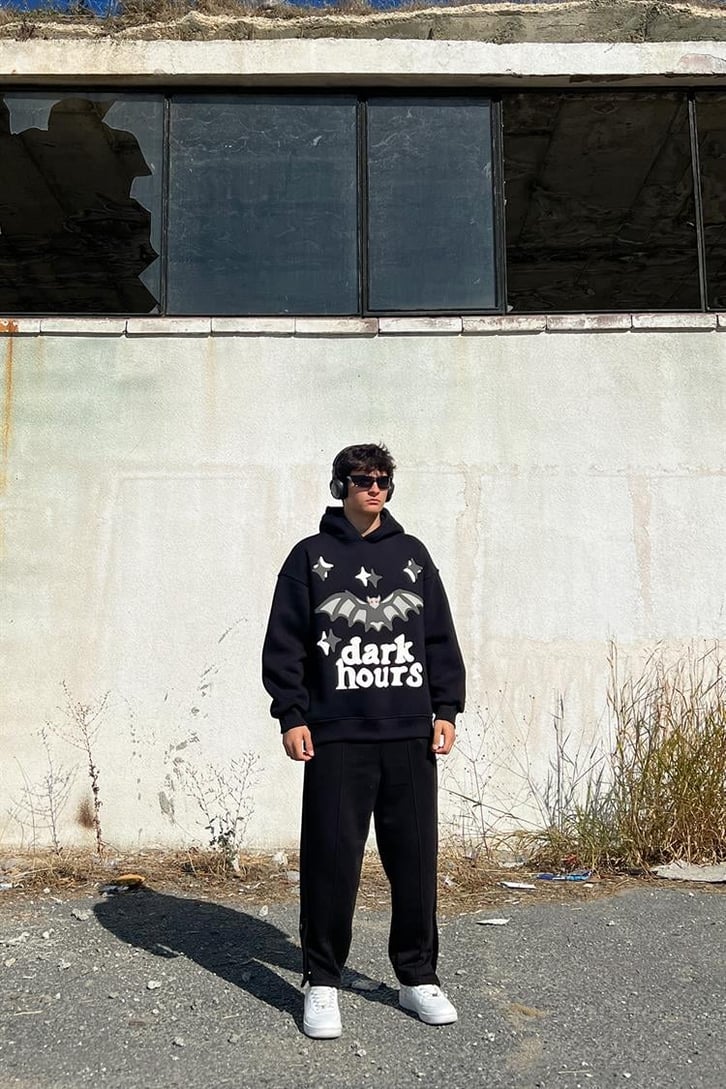 Dark Hours Baskılı Siyah İçi Pamuklu Oversize Hoodie
