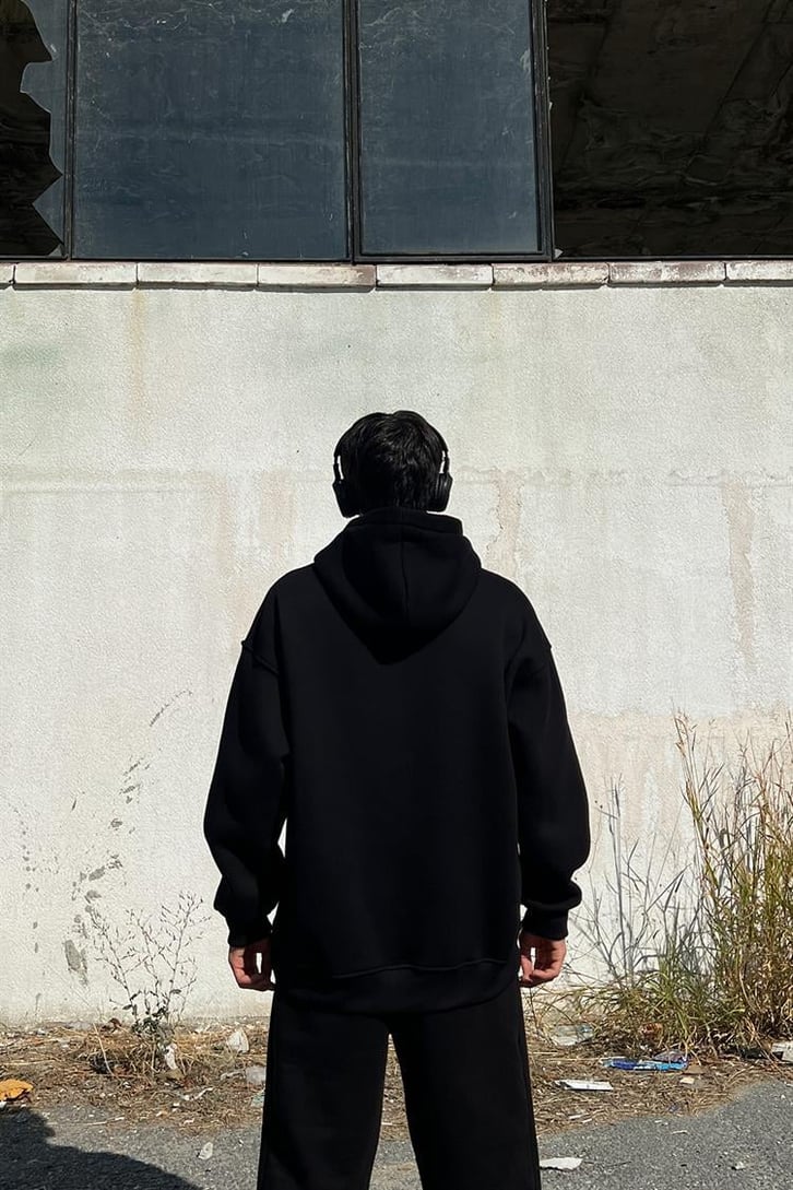 Dark Hours Baskılı Siyah İçi Pamuklu Oversize Hoodie