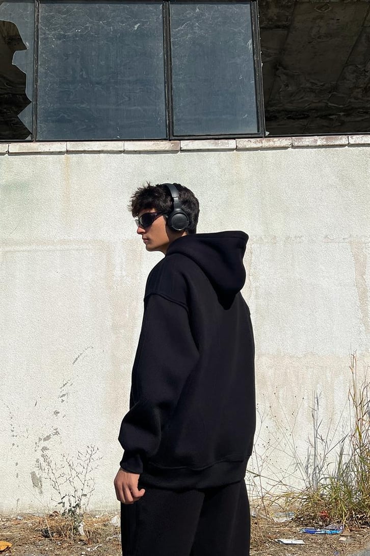 Dark Hours Baskılı Siyah İçi Pamuklu Oversize Hoodie