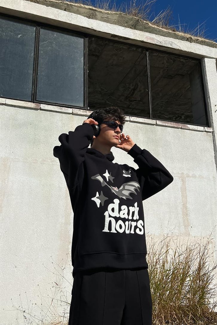 Dark Hours Baskılı Siyah İçi Pamuklu Oversize Hoodie
