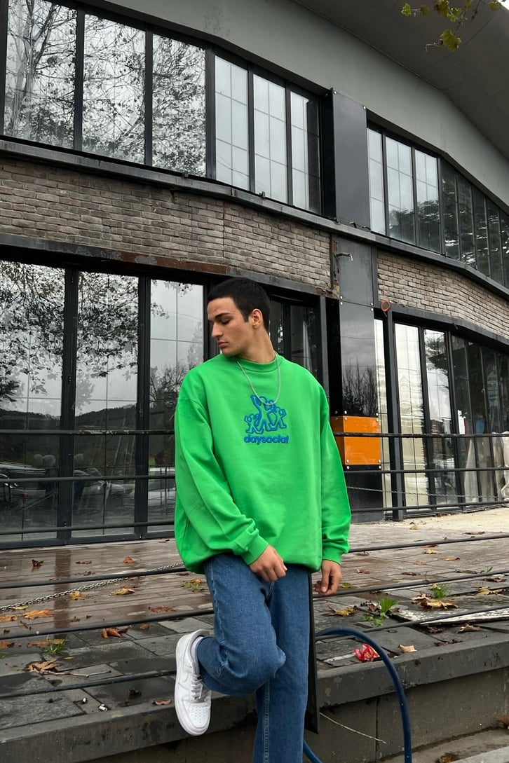 Day Social Nakışlı Yeşil Oversize Sweatshirt