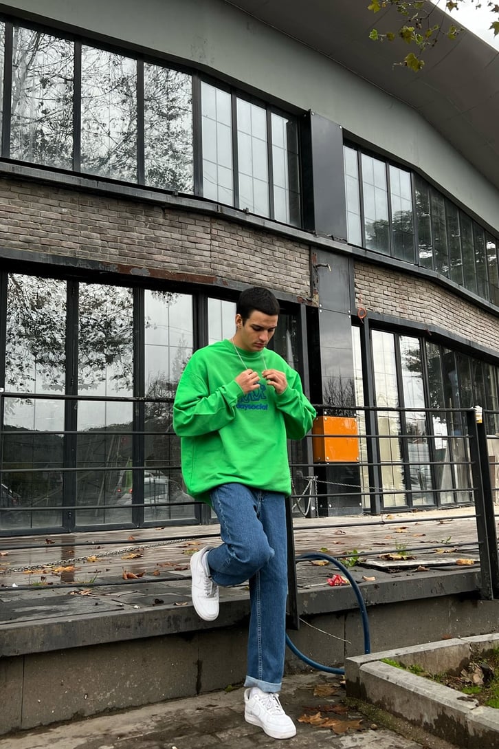 Day Social Nakışlı Yeşil Oversize Sweatshirt