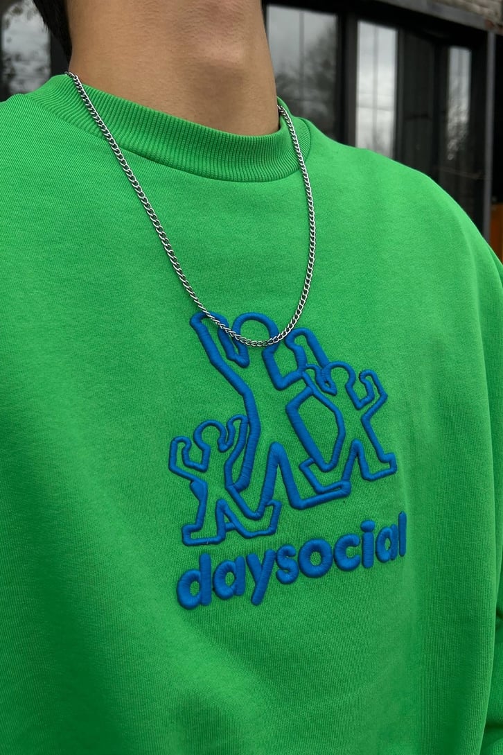 Day Social Nakışlı Yeşil Oversize Sweatshirt