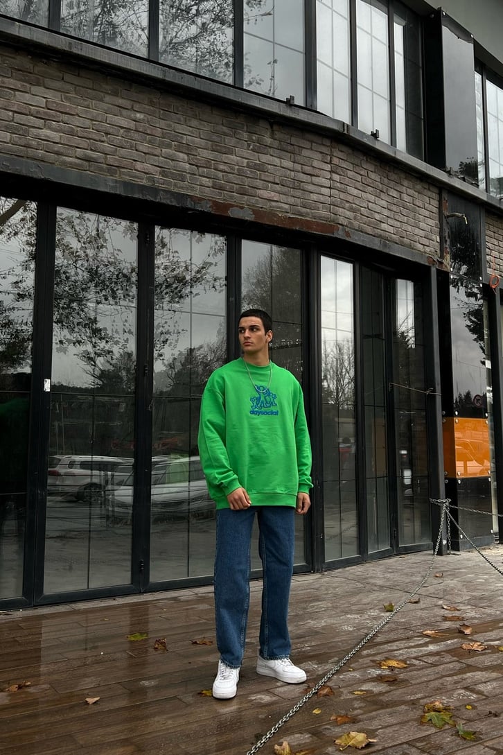 Day Social Nakışlı Yeşil Oversize Sweatshirt