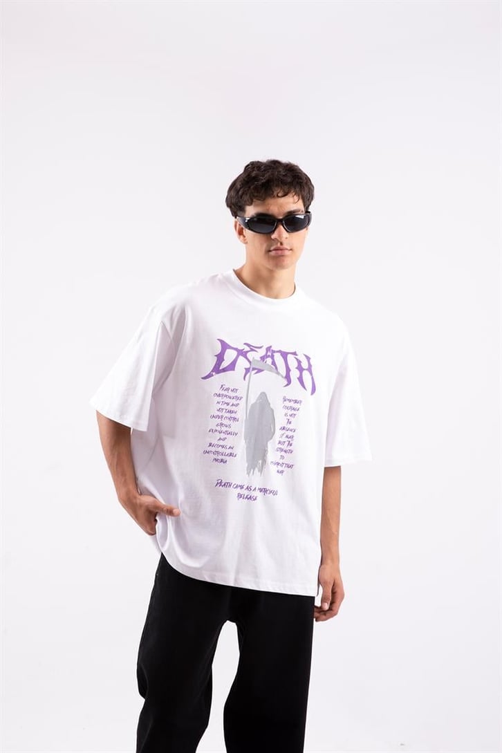 Death Baskılı Beyaz Oversize Tshirt