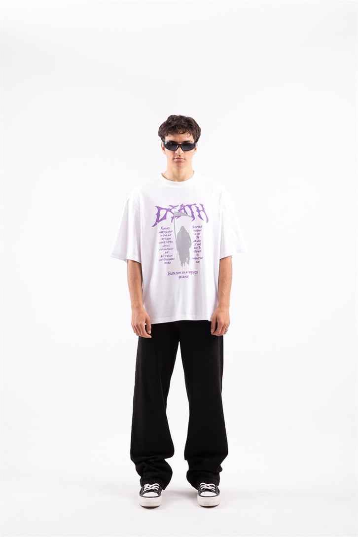 Death Baskılı Beyaz Oversize Tshirt