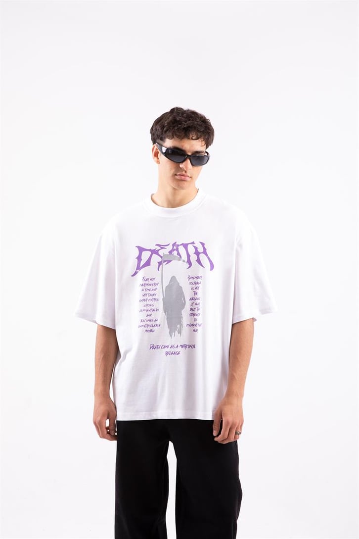Death Baskılı Beyaz Oversize Tshirt