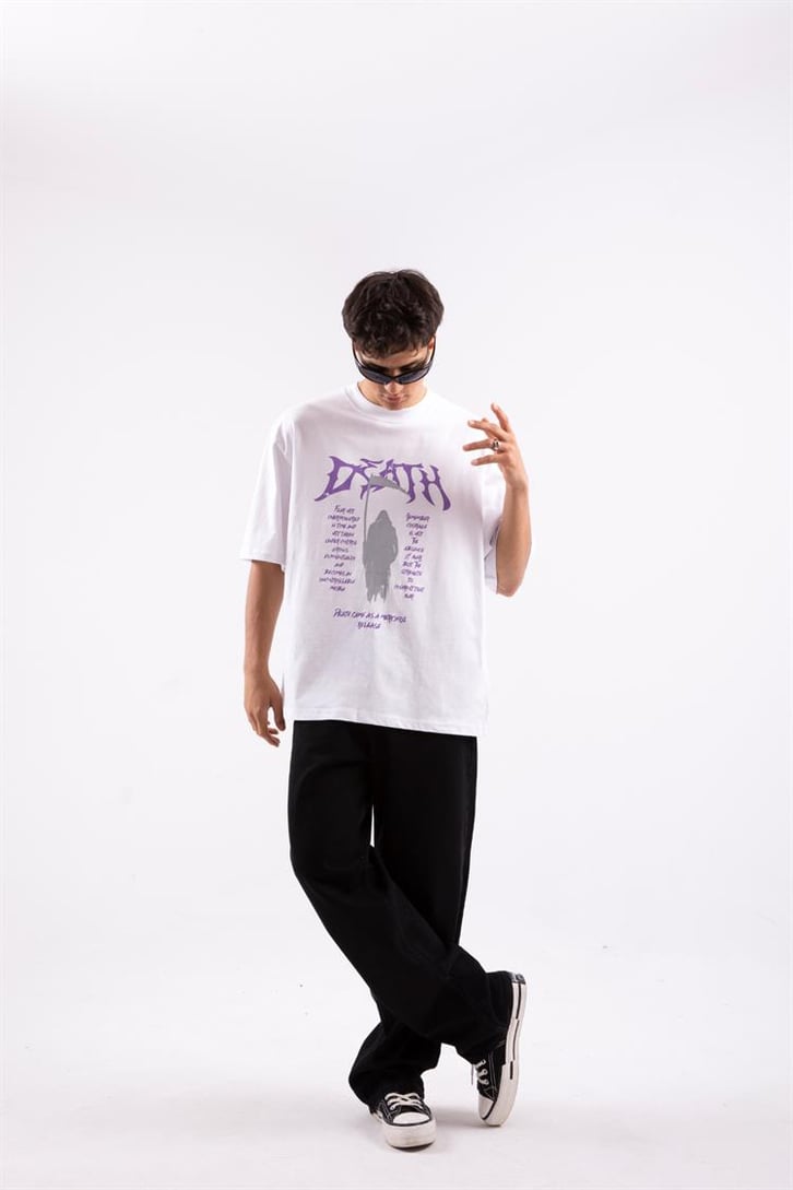 Death Baskılı Beyaz Oversize Tshirt