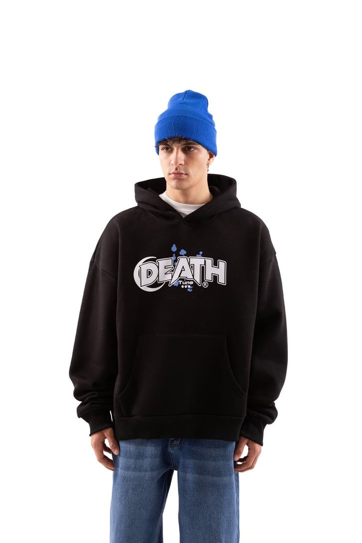 Death Baskılı Siyah Oversize Hoodie