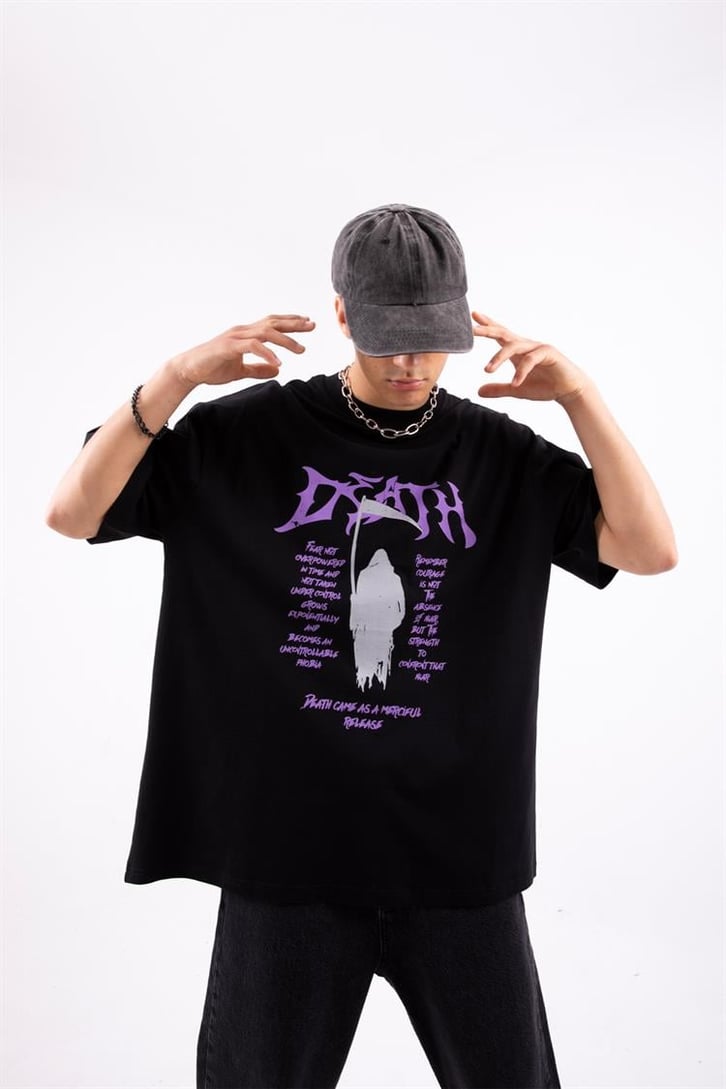 Death Baskılı Siyah Oversize Tshirt