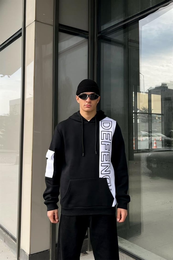 Defend Kol Cep Detay Siyah İçi Pamuklu Hoodie