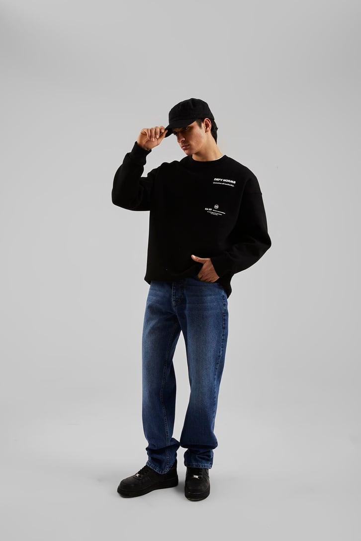 Defy Norms Baskılı Siyah Oversize Sweatshirt
