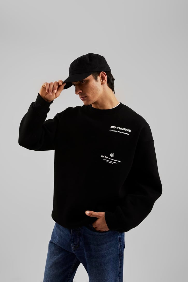 Defy Norms Baskılı Siyah Oversize Sweatshirt