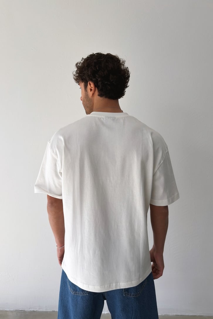 Denver Nakışlı Ekru Oversize Tişört