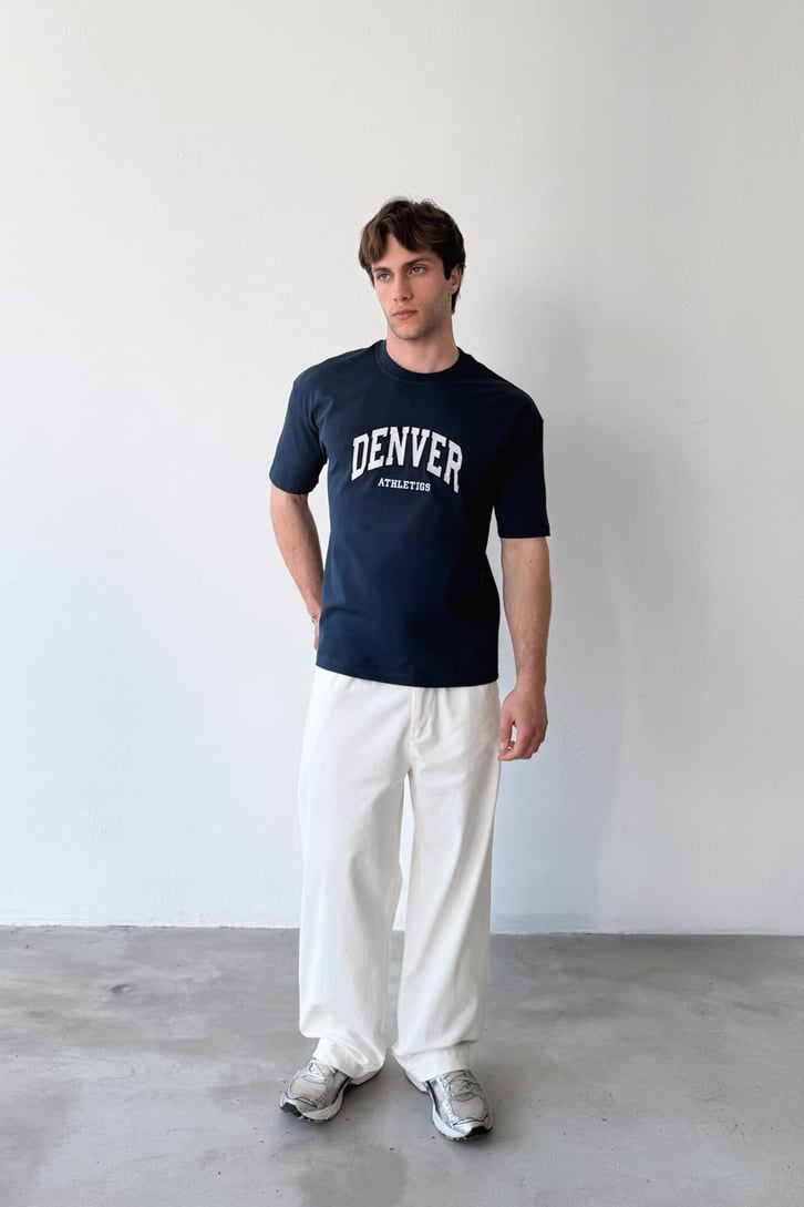 Denver Nakışlı İndigo Oversize Tişört