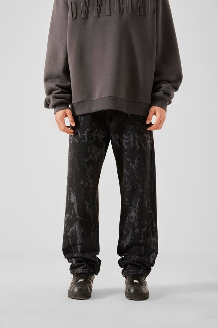 Desen Baskılı Siyah Baggy Jean