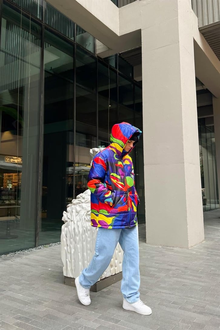 Desenli Colorful Kapüşonlu Şişme Mont