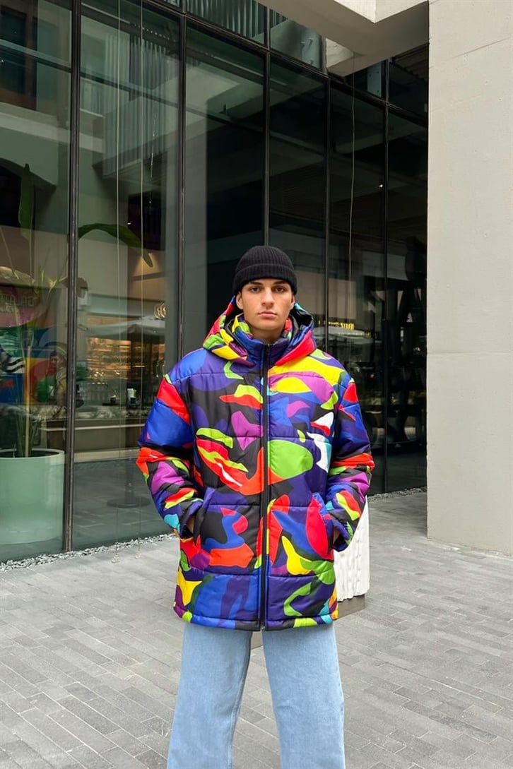 Desenli Colorful Kapüşonlu Şişme Mont