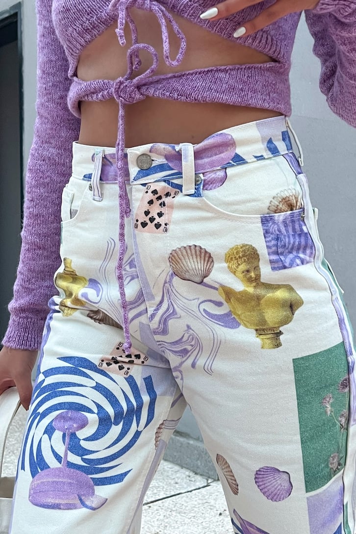 Desenli Ekru Baggy Jean