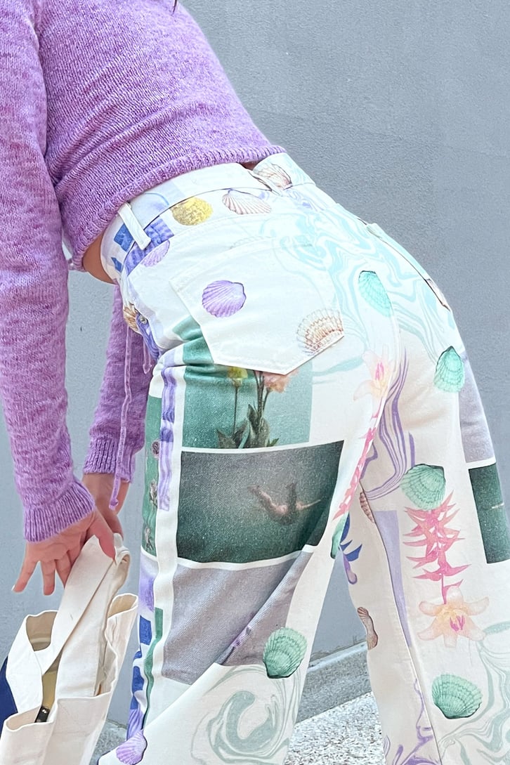 Desenli Ekru Baggy Jean