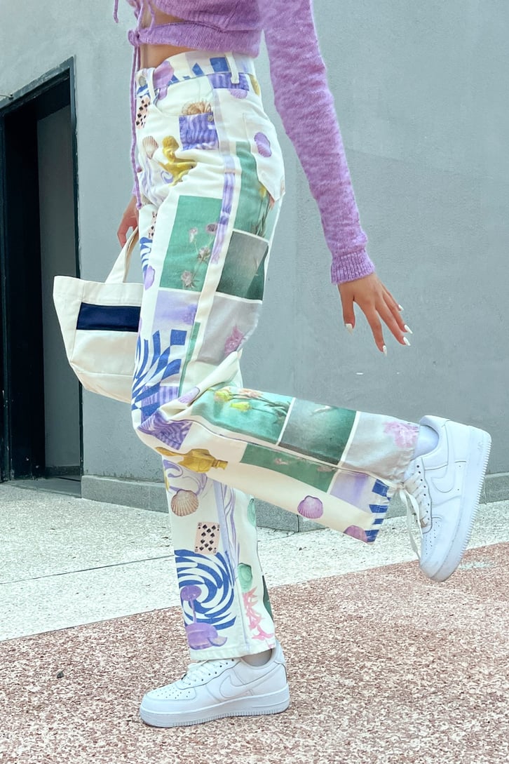 Desenli Ekru Baggy Jean