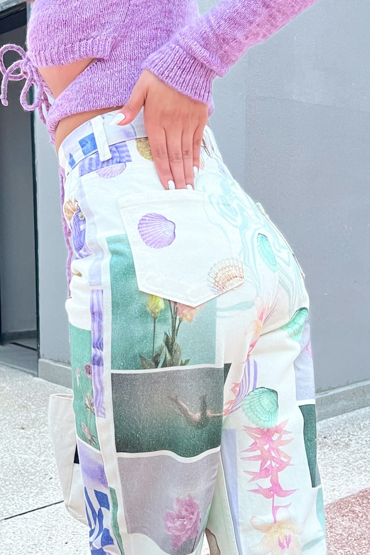 Desenli Ekru Baggy Jean