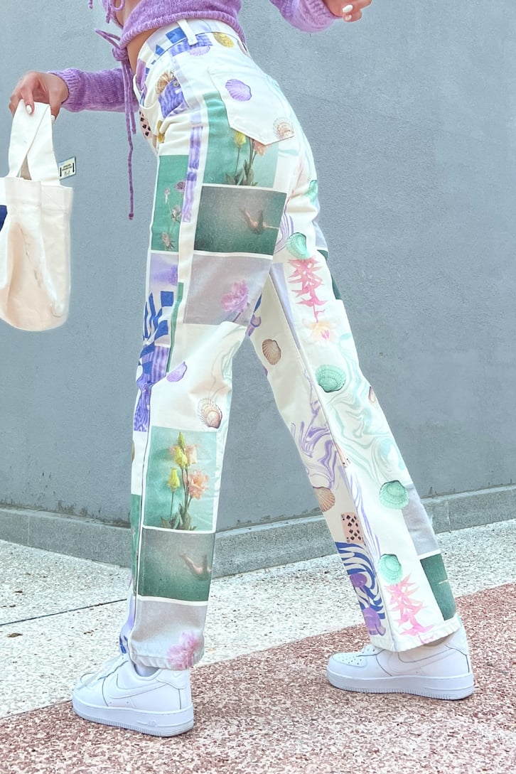 Desenli Ekru Baggy Jean