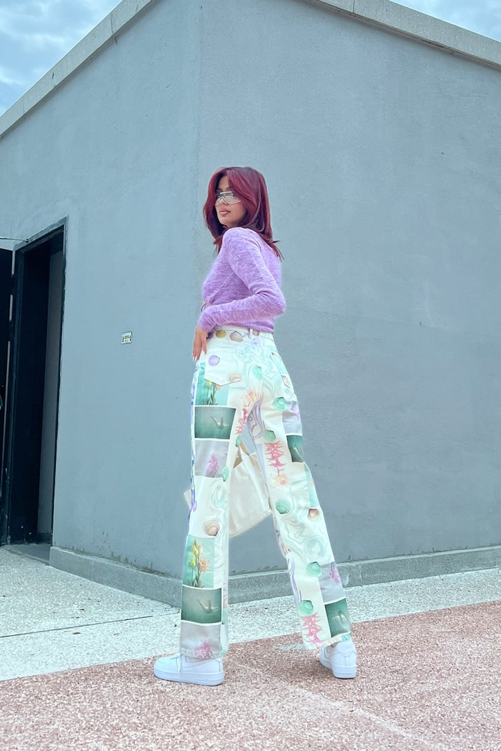Desenli Ekru Baggy Jean