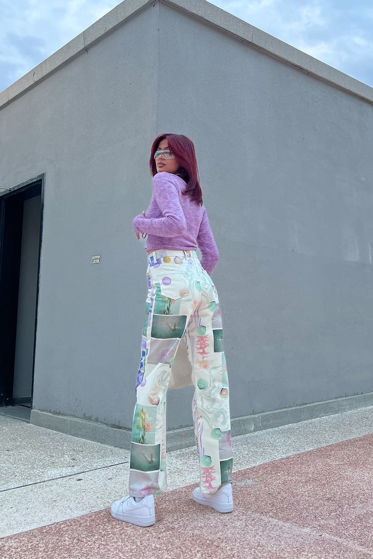 Desenli Ekru Baggy Jean