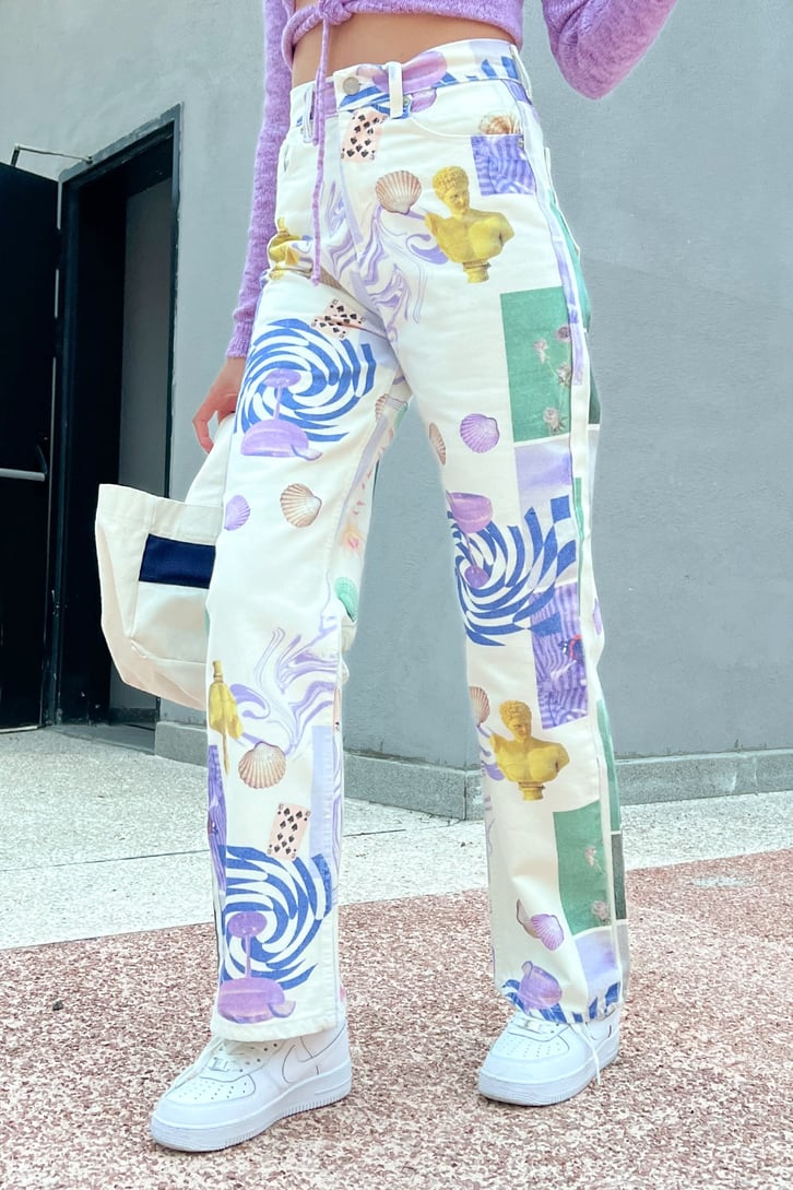 Desenli Ekru Baggy Jean