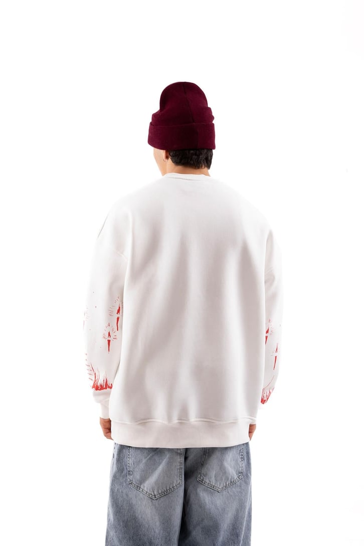 Devil Baskılı Beyaz Oversize Sweatshirt