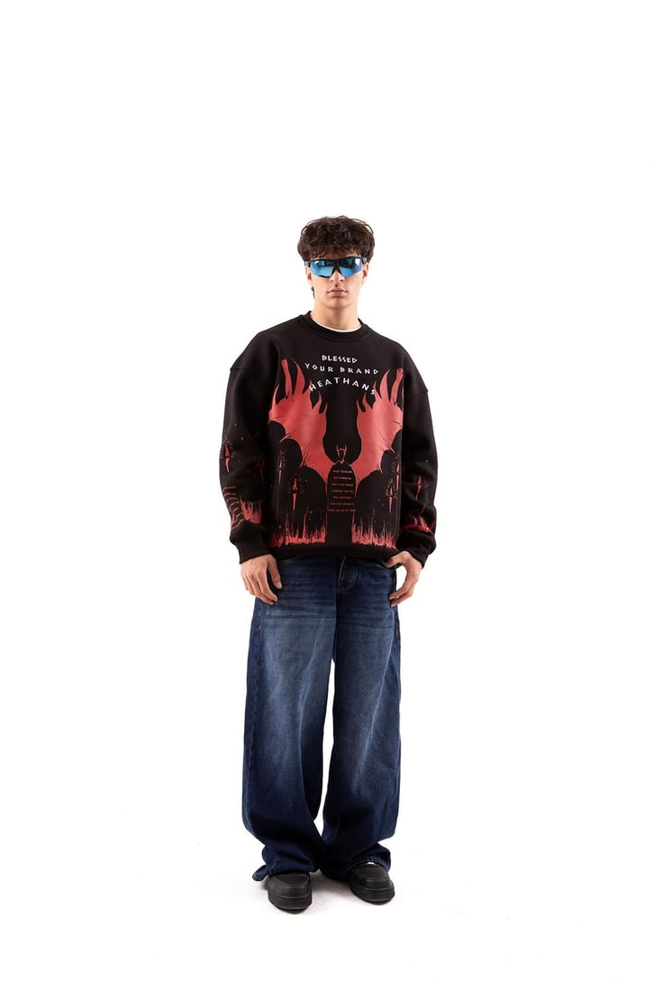 Devil Baskılı Siyah Oversize Sweatshirt