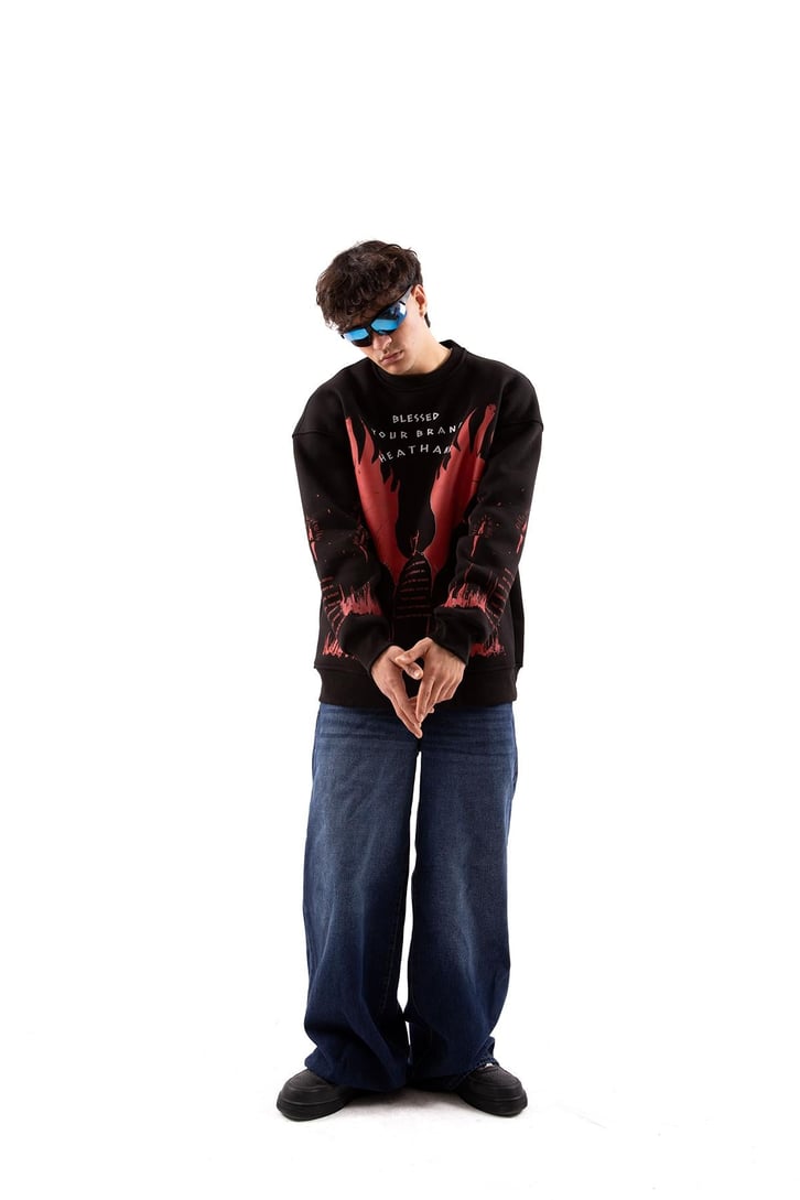 Devil Baskılı Siyah Oversize Sweatshirt