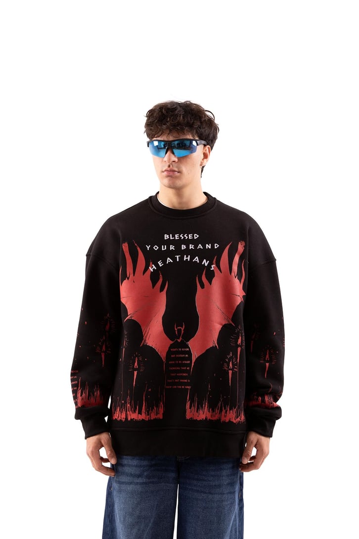 Devil Baskılı Siyah Oversize Sweatshirt