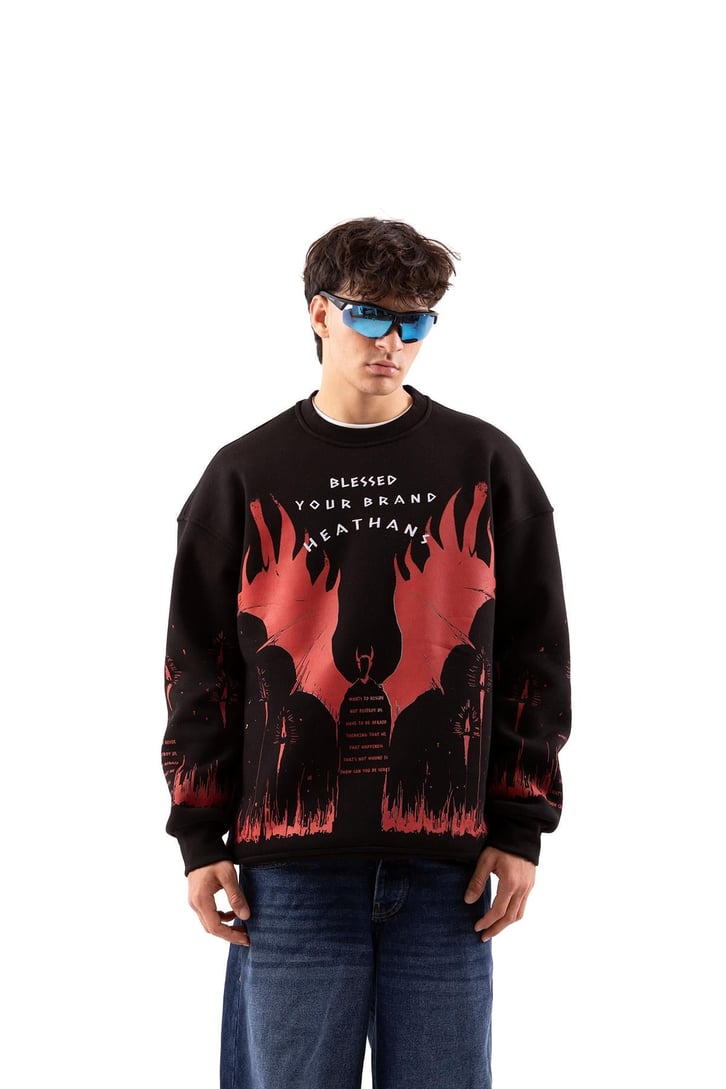 Devil Baskılı Siyah Oversize Sweatshirt