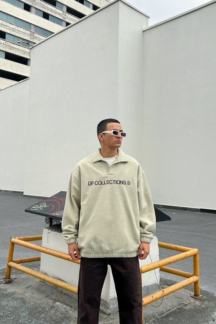 DF Collection Nakışlı Bej Polar Sweatshirt