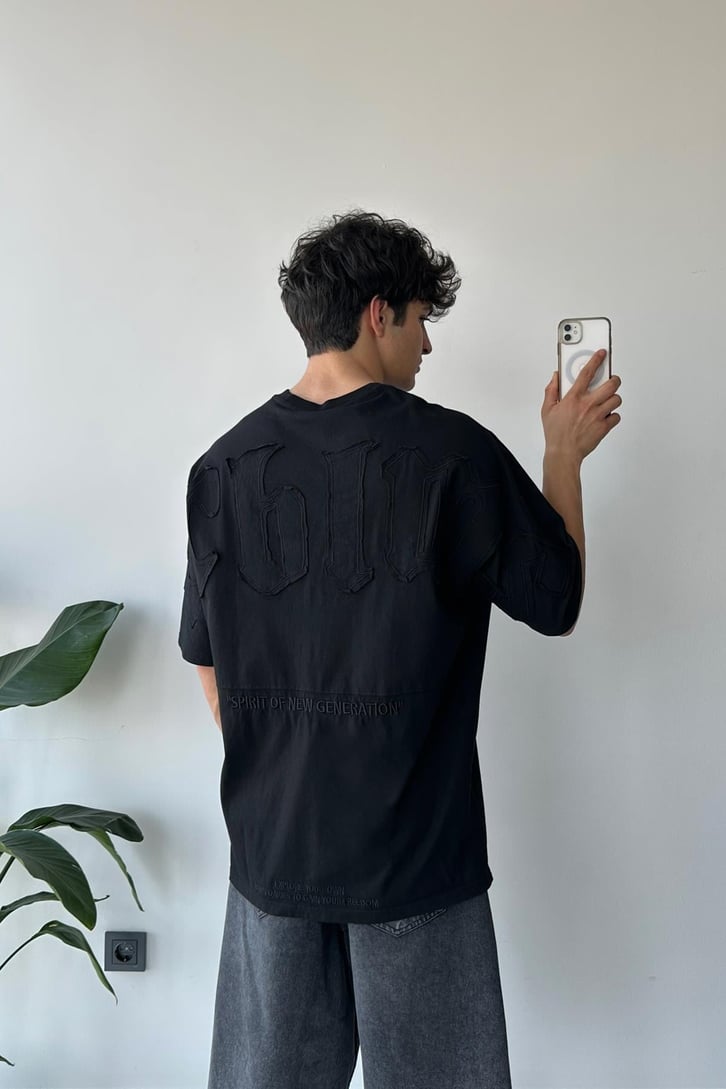 Diblins Nakışlı Siyah Oversize Tişört
