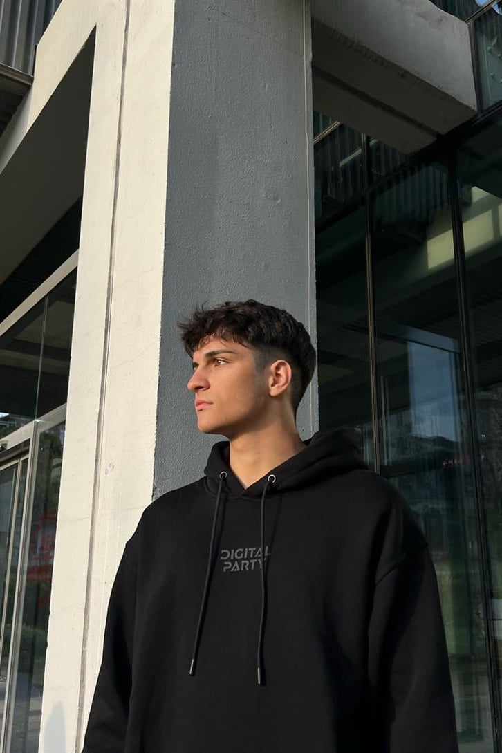 Digital Party Siyah İçi Pamuklu Oversize Hoodie