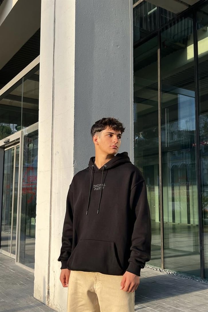 Digital Party Siyah İçi Pamuklu Oversize Hoodie
