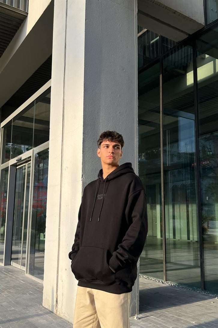 Digital Party Siyah İçi Pamuklu Oversize Hoodie